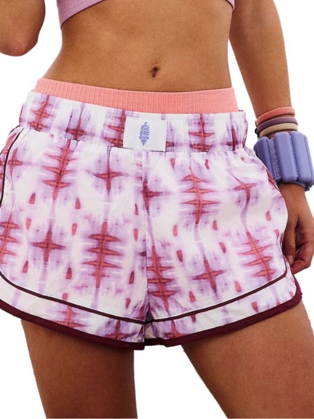 FP Movement by Free People Pink Tie-Dye Athletic Shorts with Maroon Trim
